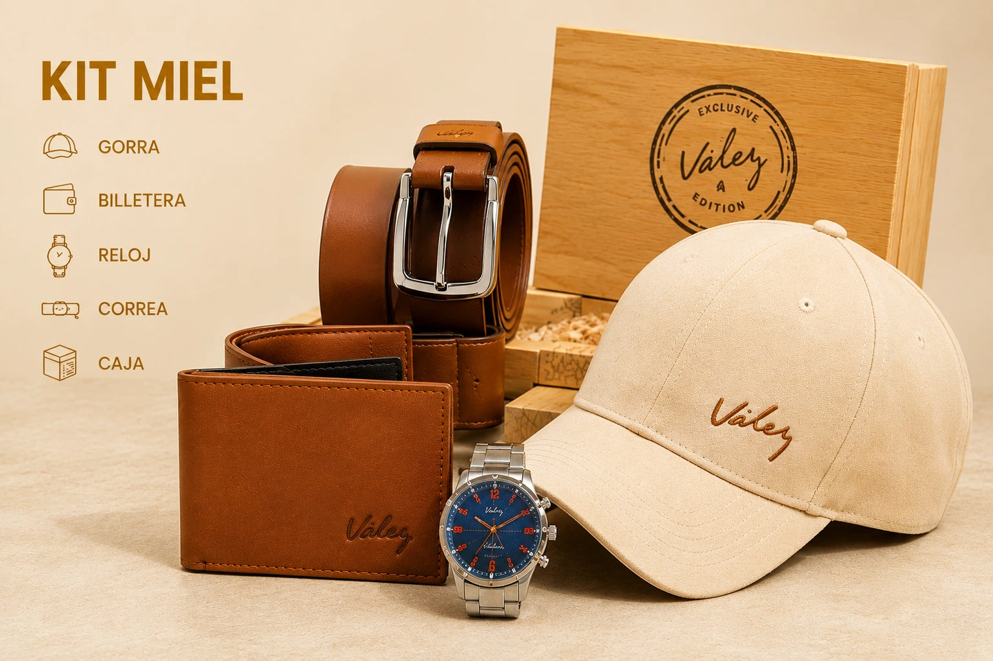 Super Set Correa Cuero 100% + billetera cuero 100% + Reloj + Gorra Hombre + estuché contramarcado Vélez