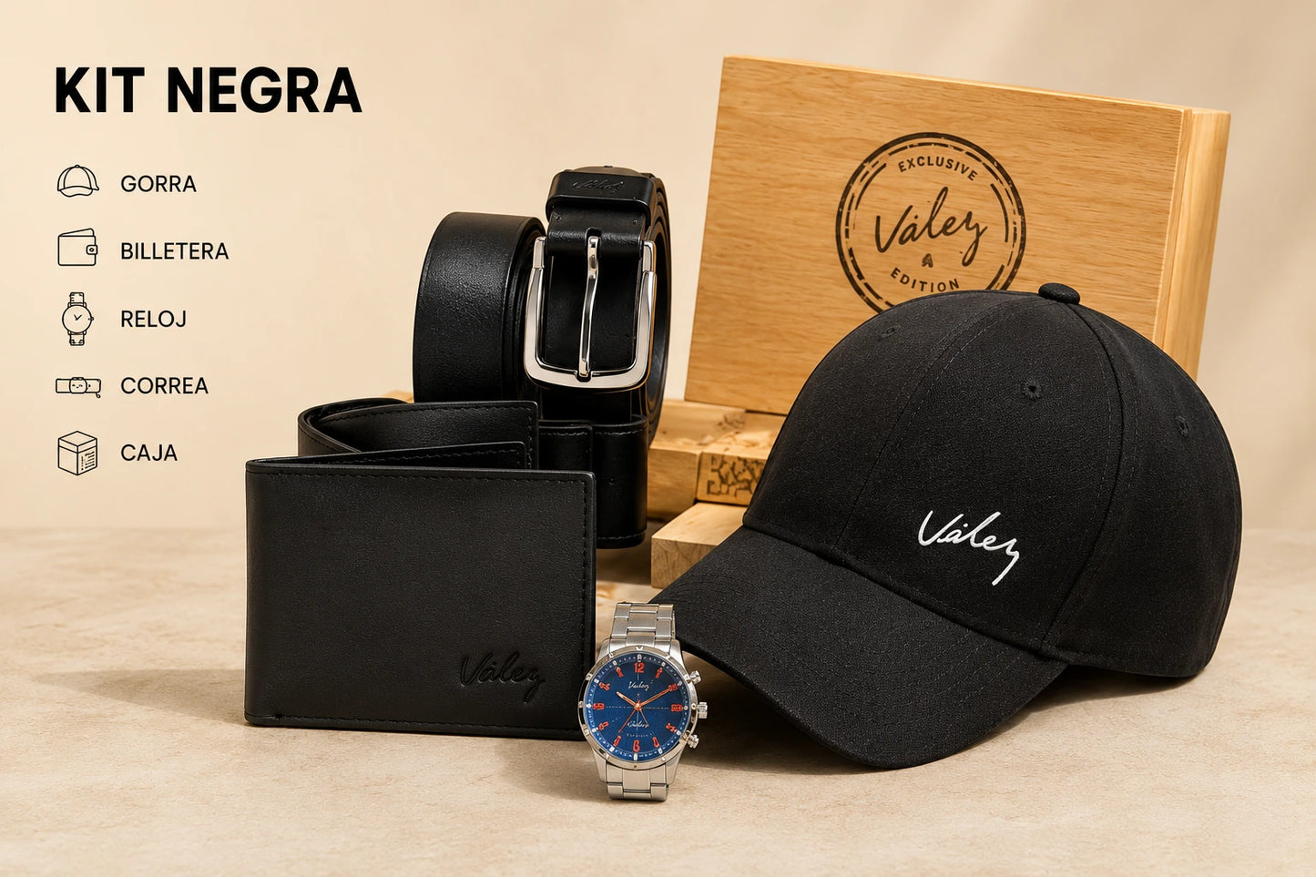Super Set Correa Cuero 100% + billetera cuero 100% + Reloj + Gorra Hombre + estuché contramarcado Vélez